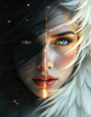 The primary subject of the image is a woman with a mix of black and white hair. She has a striking appearance, with her eyes being the most prominent feature. The setting is a dark background, which contrasts with the woman's hair and eyes. The visual style is a combination of photo and digital art, creating a unique and captivating image. The colors and mood are dramatic and intense, with the woman's eyes being the focal point of the scene.